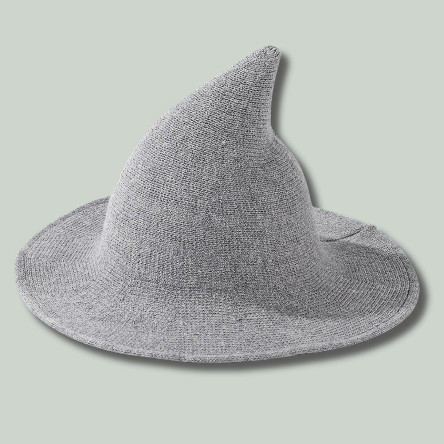 All-Season Witch Hat front view – A versatile witch hat made from a durable wool blend fabric, perfect for all seasons. In Light Gray, Grey.