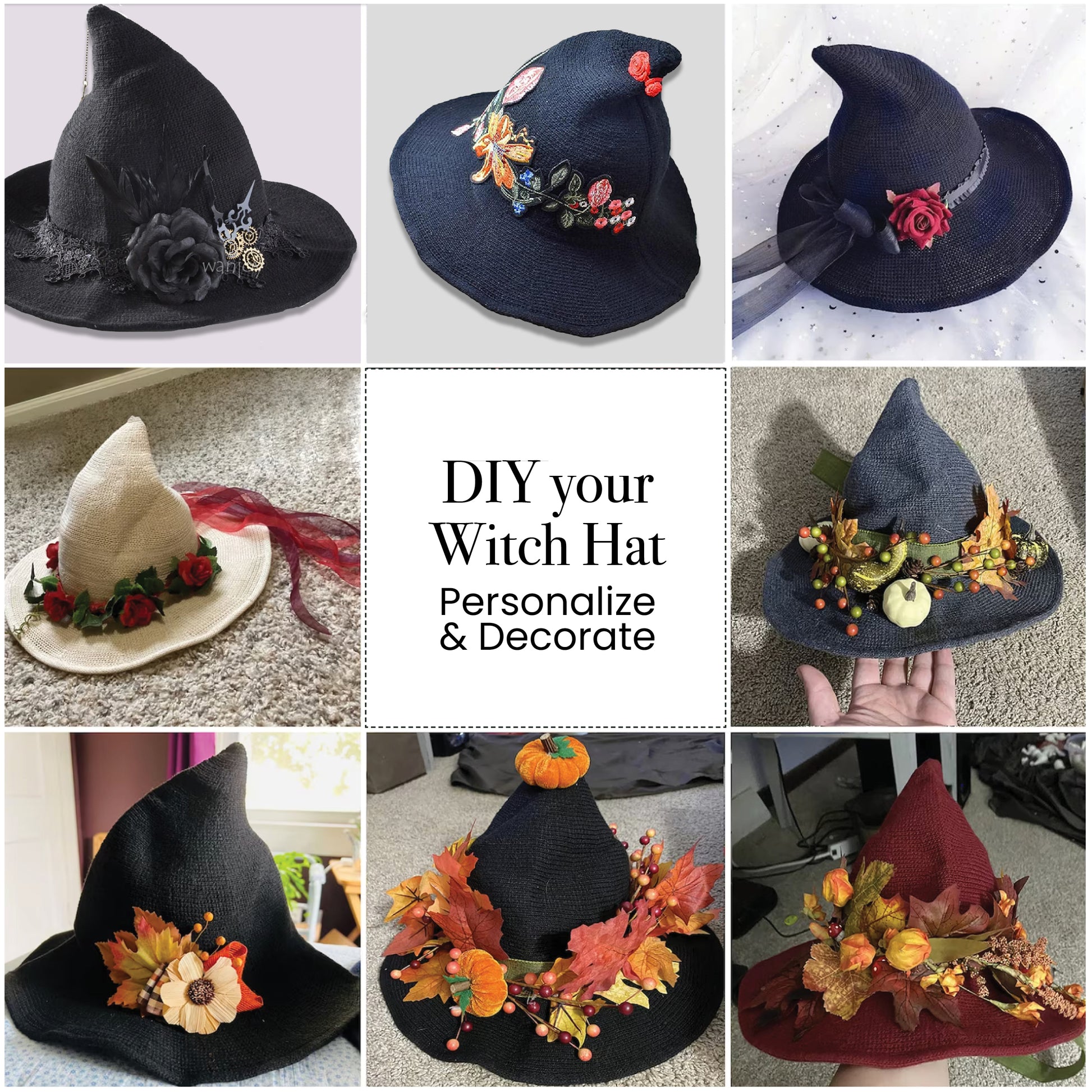 DIY decorated Witch Hat – A personalized witch hat decorated with faux flowers and ribbons, showing customization options.