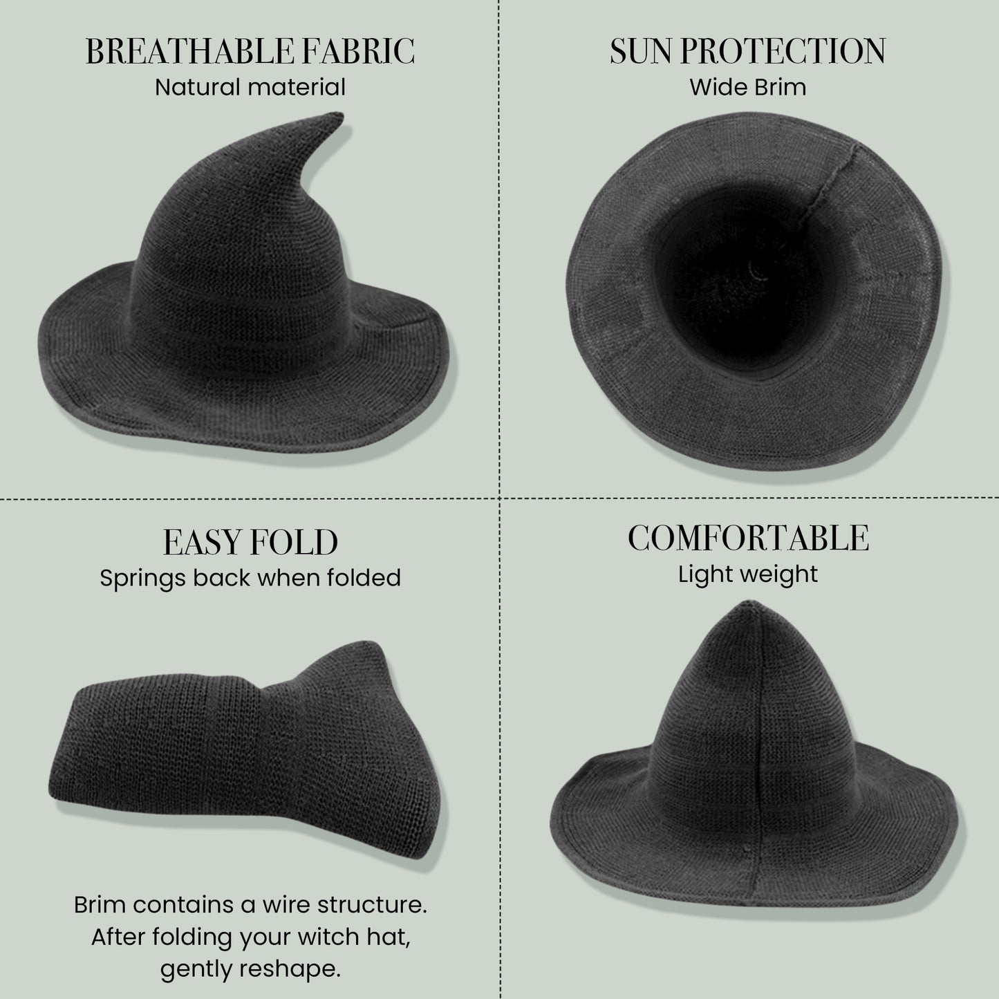 Foldable Witch Hat with wired brim – The witch hat shown folded and reshaped, highlighting its resilient construction and adjustable wired brim.