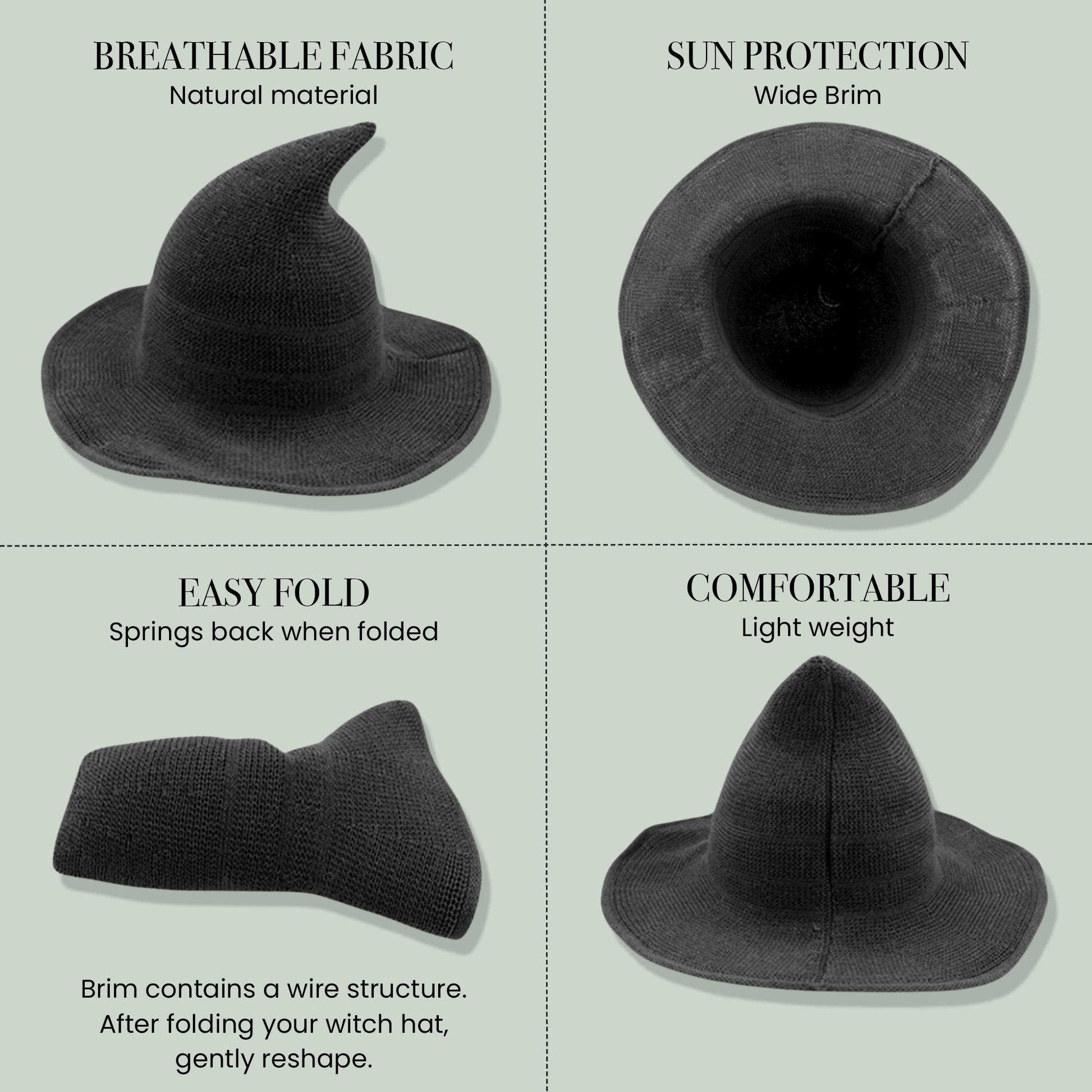 Foldable Witch Hat with wired brim – The witch hat shown folded and reshaped, highlighting its resilient construction and adjustable wired brim.