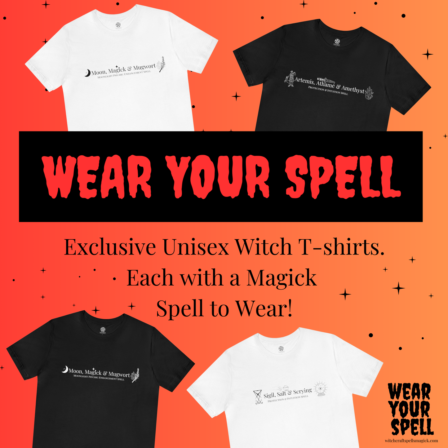 WEAR YOUR SPELL Witch T-shirt. Ward Off Negativity Spell. Magickal correspondence: Hexagram Sigil, Black Obsidian & Rosemary