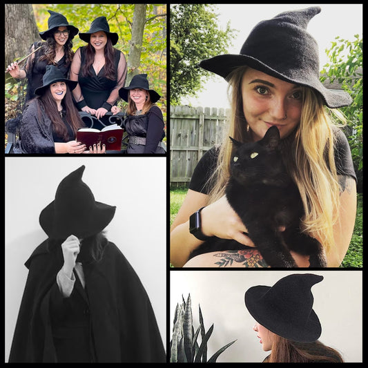 Witch Hat paired with casual outfit – Witch hat styled with a casual outfit, showcasing its everyday wearability.