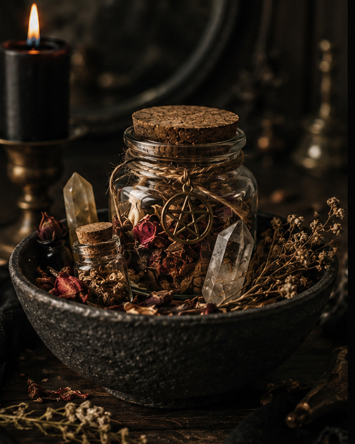 Witchcraft spell jar and ritual tools