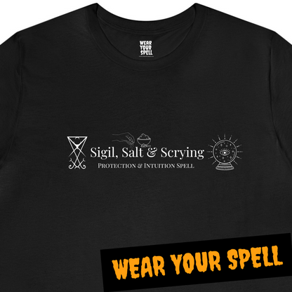 WEAR YOUR SPELL Witch T-shirt. Insight and Clarity Spell. Magickal correspondences: Sigil, Salt & Scrying