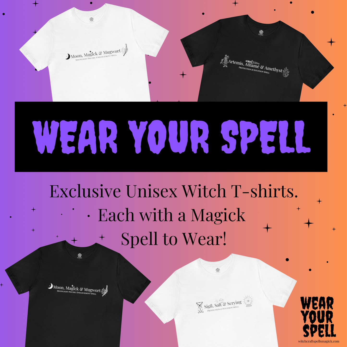 WEAR YOUR SPELL Witch T-shirt. Four Elements Energy Balancing Spell. Magickal correspondences: Fire, Air, Water, Earth
