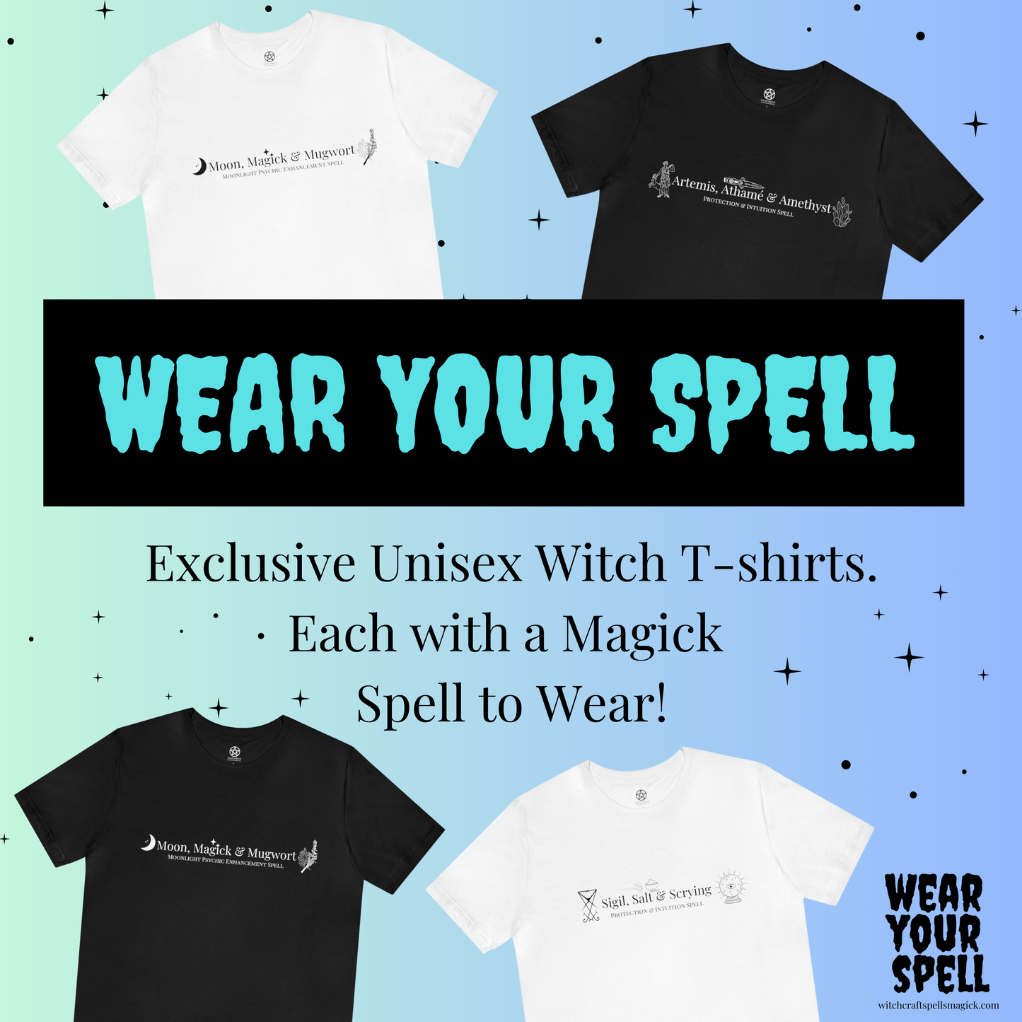 WEAR YOUR SPELL Witch T-shirt. Elemental Home Harmony Spell. Magickal correspondences: Fire, Air, Water, Earth