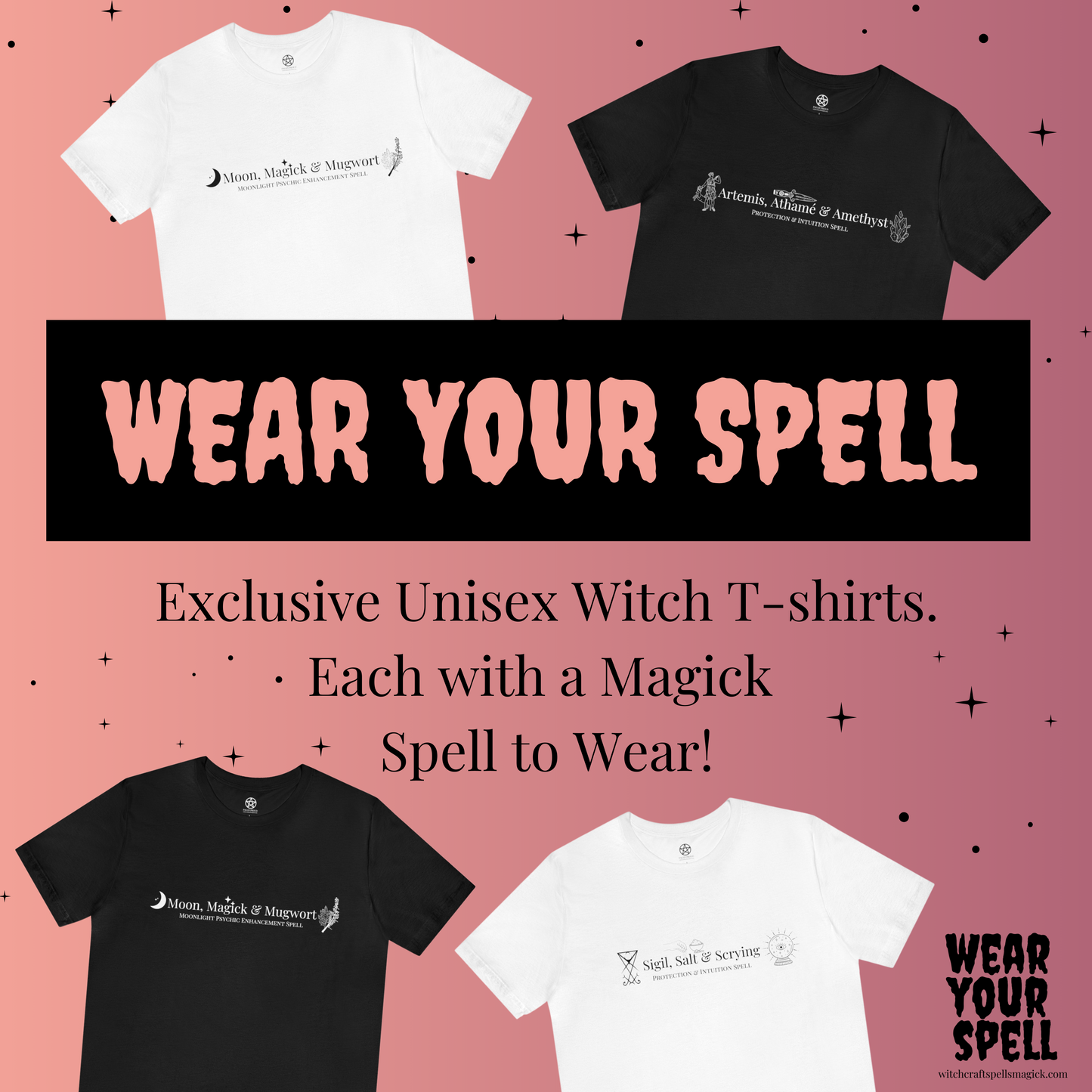 WEAR YOUR SPELL Witch T-shirt. Moon Protection Spell. Magickal correspondence: Moon Cross, Moonstone & Jasmine