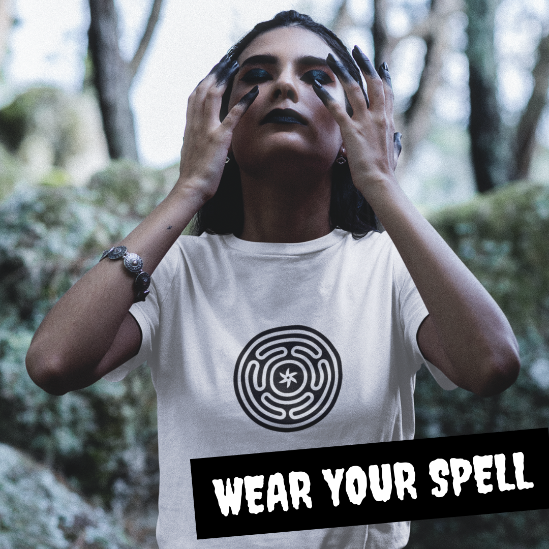 WEAR YOUR SPELL Witch T-shirt. Hekate's Wheel Protection Spell. Magickal correspondence: Hekate's Wheel, Mugwort & Moon Water